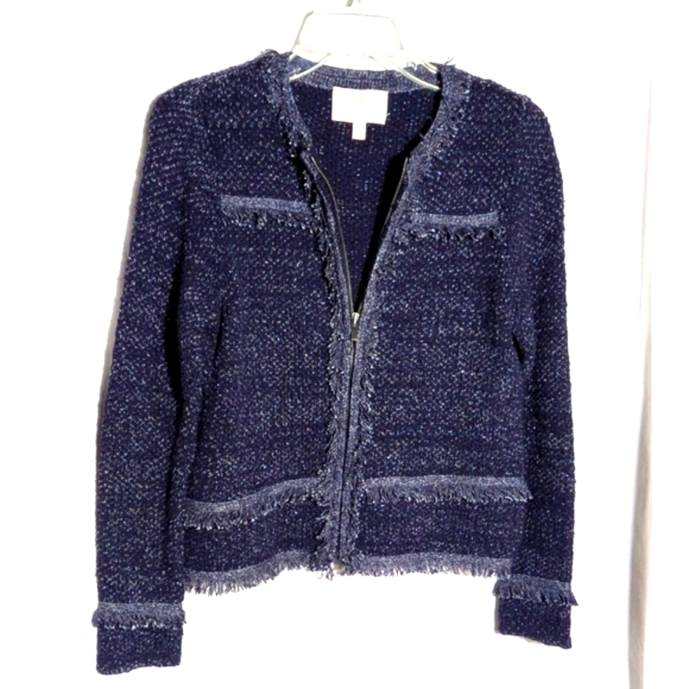 Women's etcetera fringe knit‎ sweater/cardigan/jacket.  Blue & metallic | Sz XS